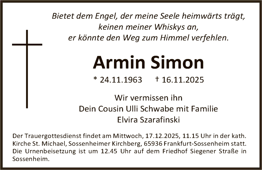  Traueranzeige für Armin Simon vom 06.12.2025 aus FNP