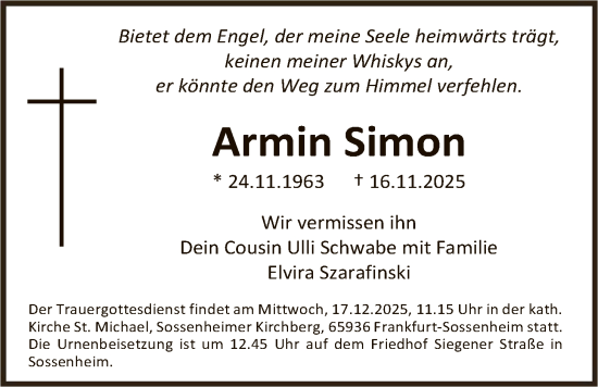 Traueranzeige von Armin Simon von FNP