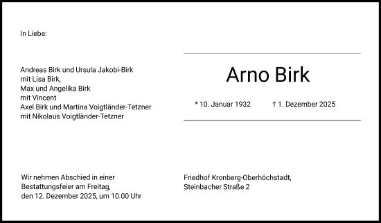 Traueranzeige von Arno Birk von FNP