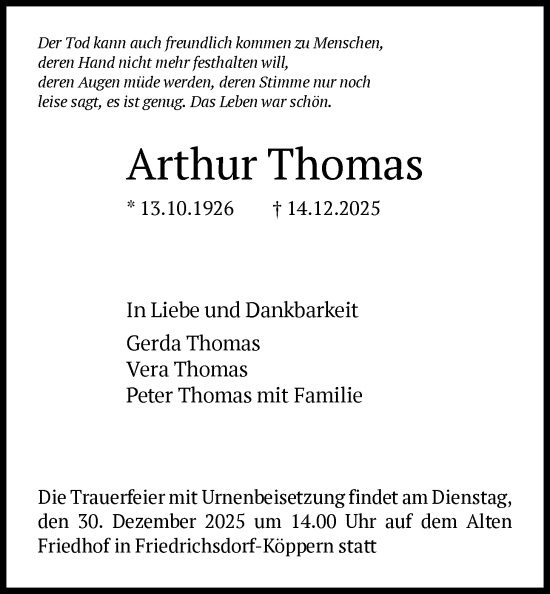 Traueranzeige von Arthur Thomas von FNP