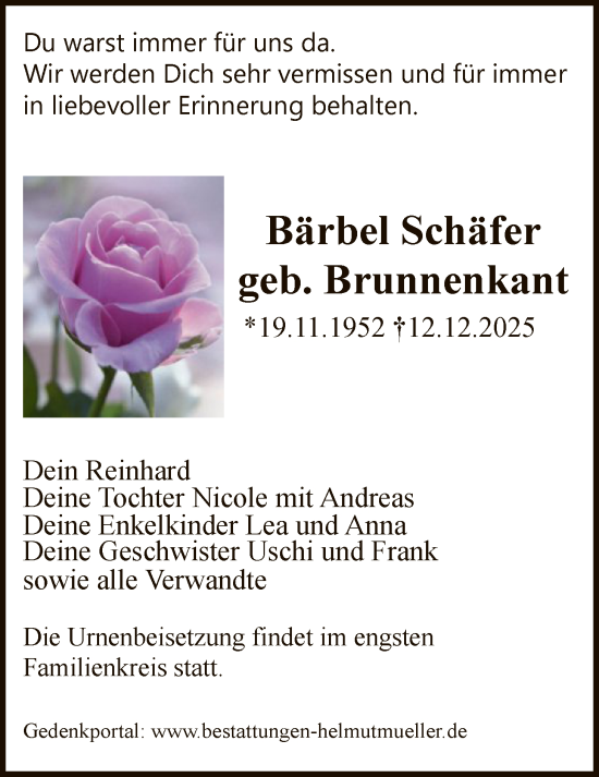 Traueranzeige von Bärbel Schäfer von OFOP