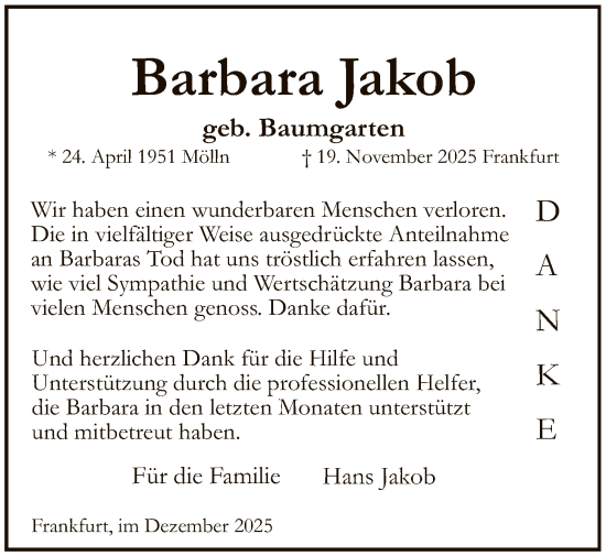 Traueranzeige von Barbara Jakob von FNP