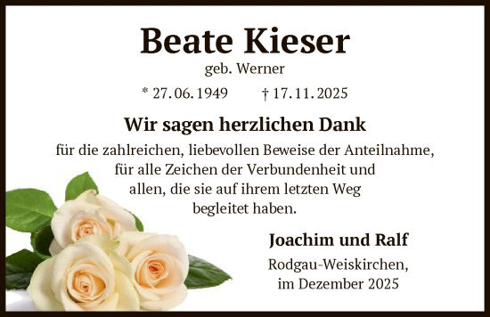 Traueranzeige von Beate Kieser von OF0L
