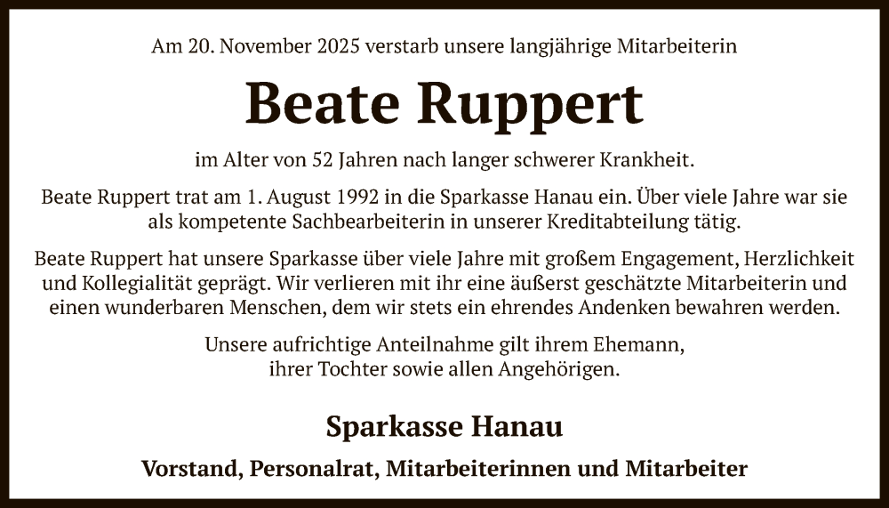  Traueranzeige für Beate Ruppert vom 03.12.2025 aus OFHA