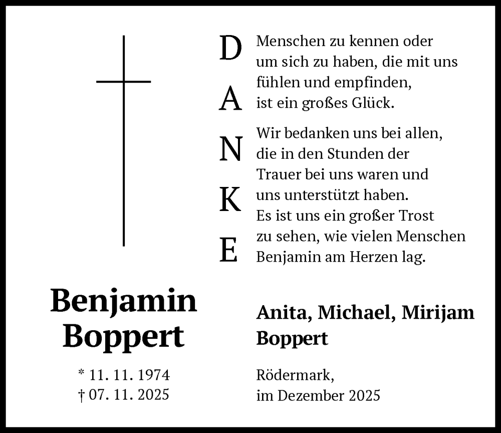  Traueranzeige für Benjamin Boppert vom 06.12.2025 aus OF0L