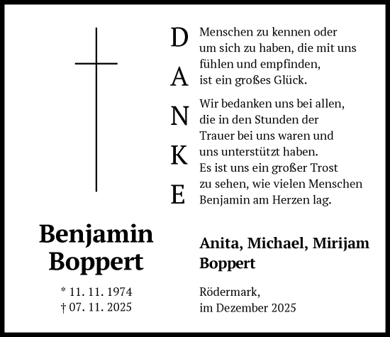 Traueranzeige von Benjamin Boppert von OF0L