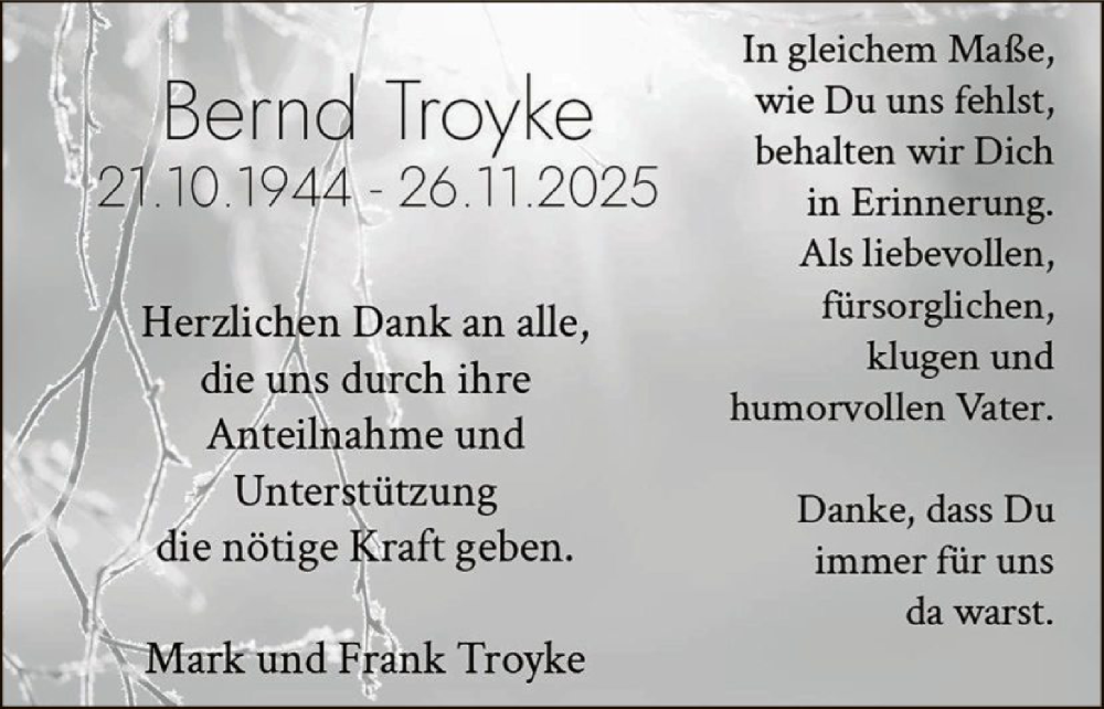  Traueranzeige für Bernd Troyke vom 13.12.2025 aus OFHA