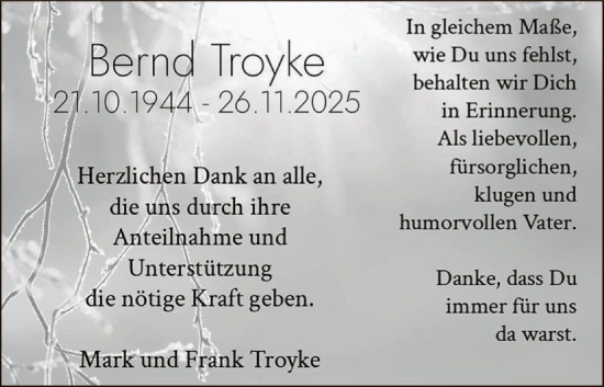 Traueranzeige von Bernd Troyke von OFHA