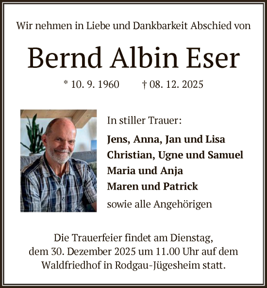 Traueranzeige von Bernd Albin Eser von OF0L