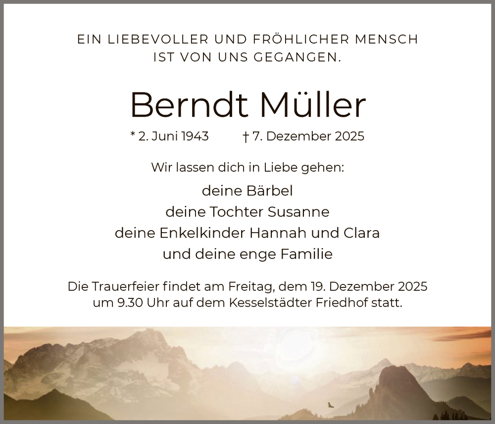  Traueranzeige für Berndt Müller vom 13.12.2025 aus OFHA