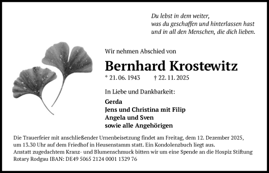 Traueranzeige von Bernhard Krostewitz von OFOP