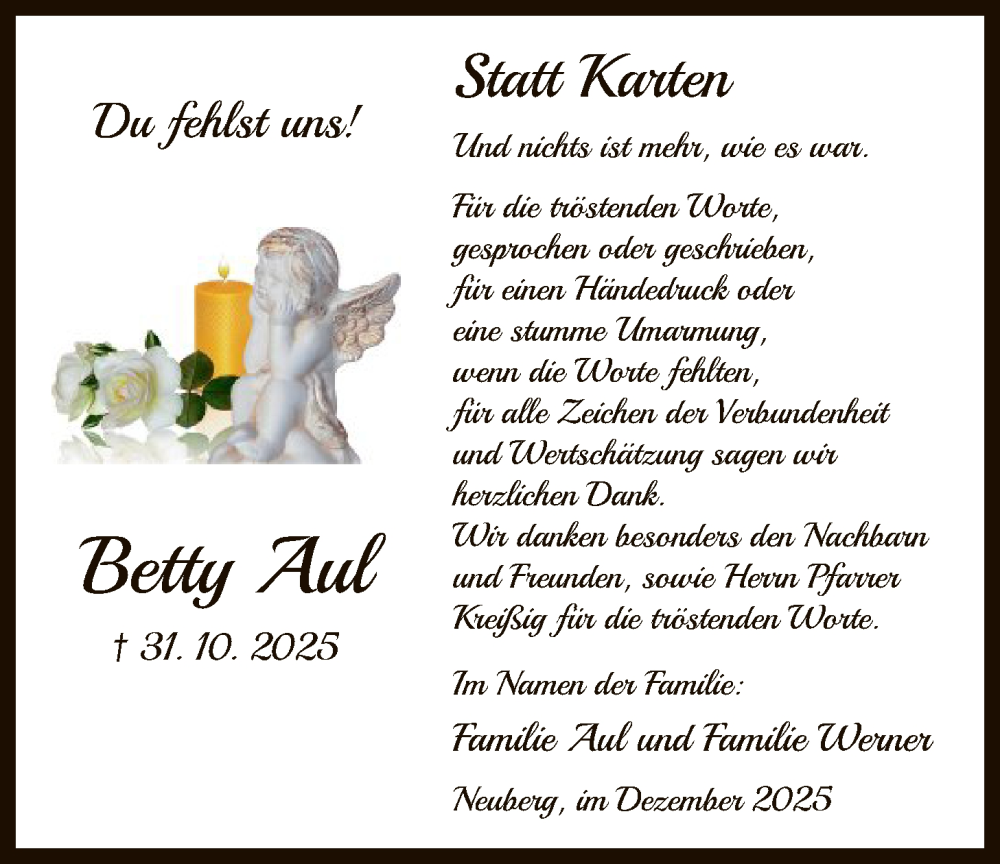  Traueranzeige für Betty Aul vom 06.12.2025 aus OFHA
