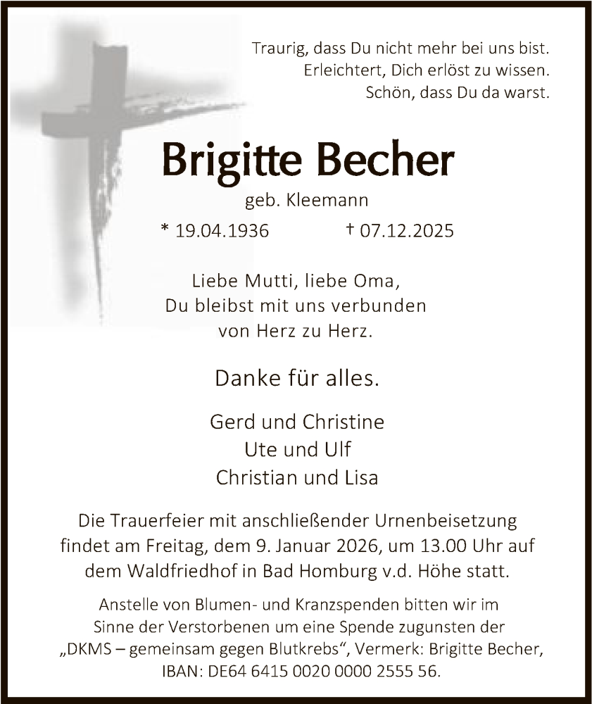  Traueranzeige für Brigitte Becher vom 27.12.2025 aus FNP
