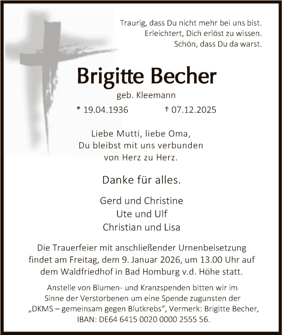Traueranzeige von Brigitte Becher von FNP