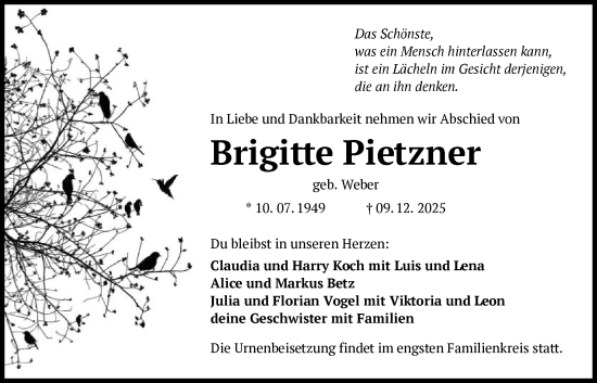 Traueranzeige von Brigitte Pietzner von OFHA