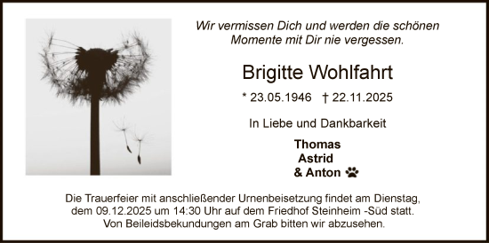 Traueranzeige von Brigitte Wohlfahrt von OFOP