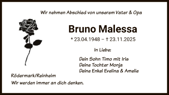 Traueranzeige von Bruno Malessa von OF0L