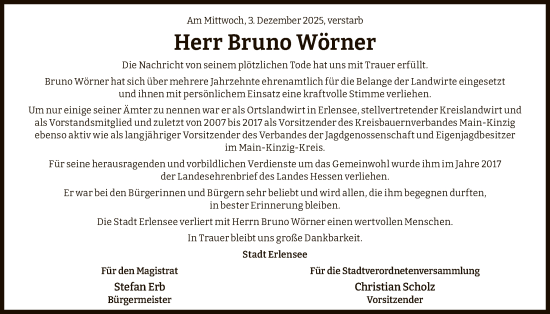 Traueranzeige von Bruno Wörner von OFHA