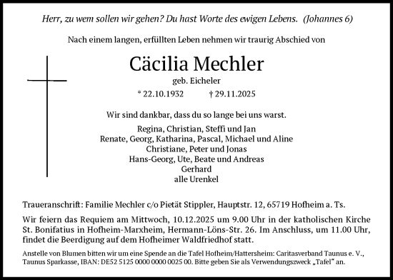 Traueranzeige von Cäcilia Mechler von FNP