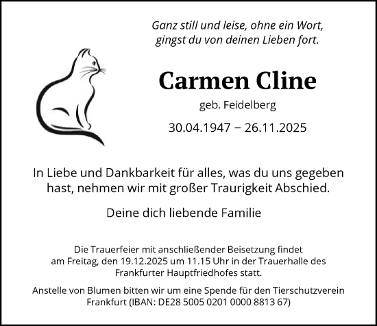 Traueranzeige von Carmen Cline von FNP