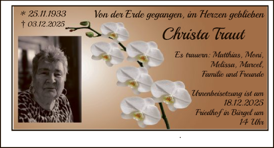 Traueranzeige von Christa Traut von OFOP
