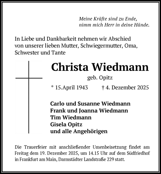 Traueranzeige von Christa Wiedmann von OFOP