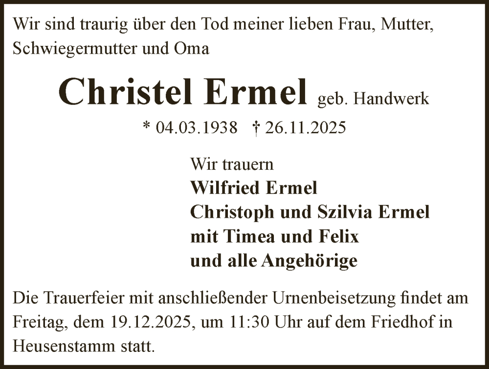 Traueranzeige für Christel Ermel vom 06.12.2025 aus OFOP