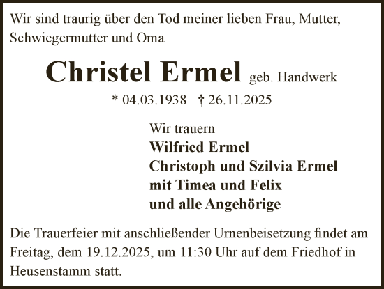 Traueranzeige von Christel Ermel von OFOP