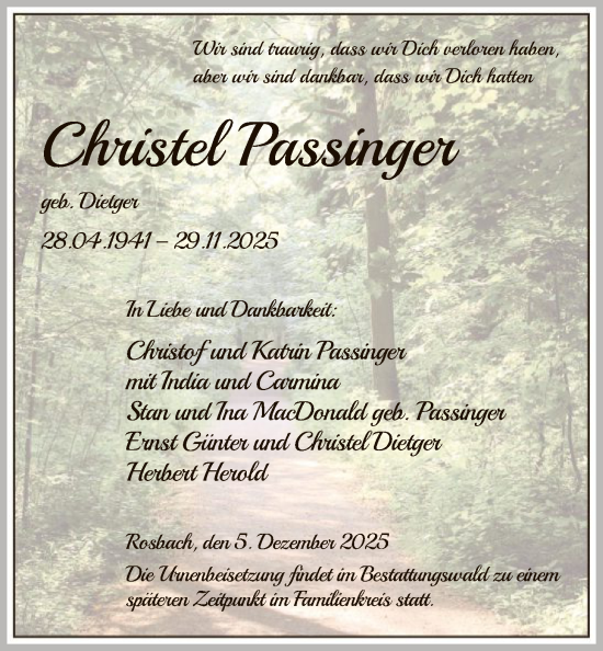Traueranzeige von Christel Passinger von OFOP