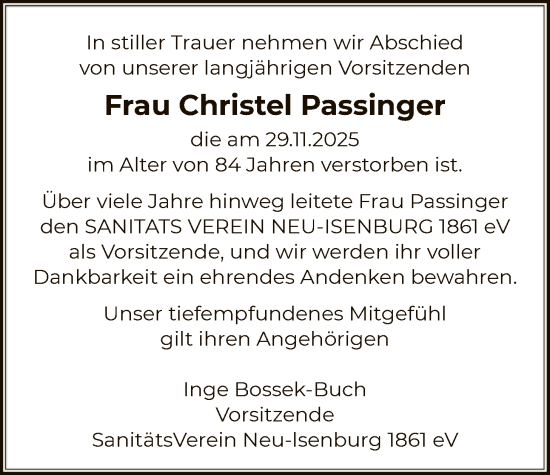 Traueranzeige von Christel Passinger von OF0WOFOP