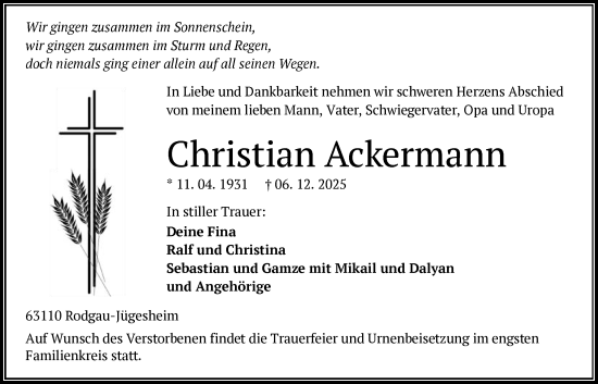 Traueranzeige von Christian Ackermann von OF0L