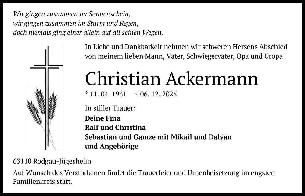  Traueranzeige für Christian Ackermann vom 13.12.2025 aus OF0L