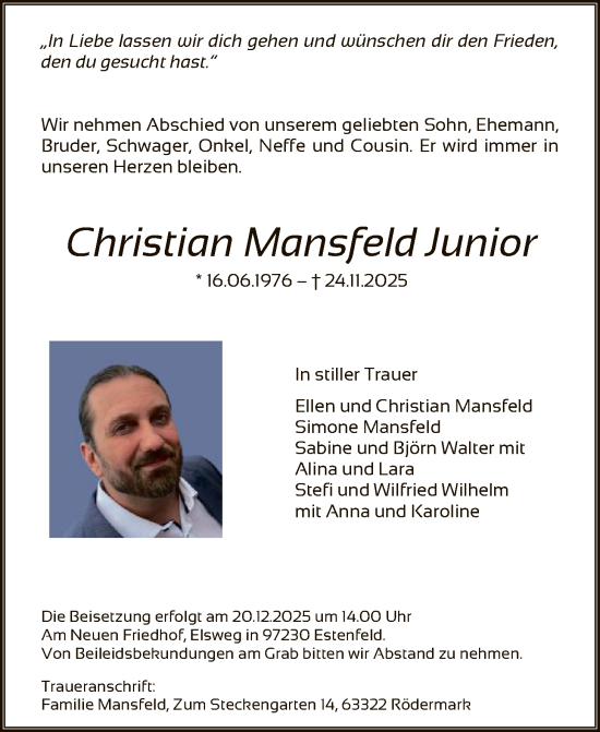 Traueranzeige von Christian Mansfeld von OFOP