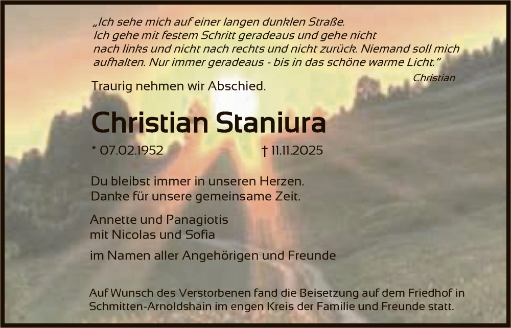  Traueranzeige für Christian Staniura vom 06.12.2025 aus FNP