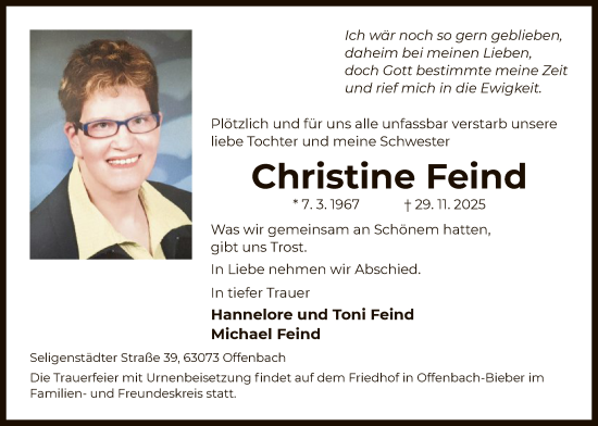 Traueranzeige von Christine Feind von OFOP