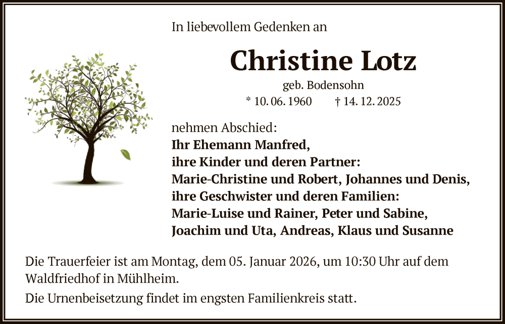  Traueranzeige für Christine Lotz vom 20.12.2025 aus OFOP
