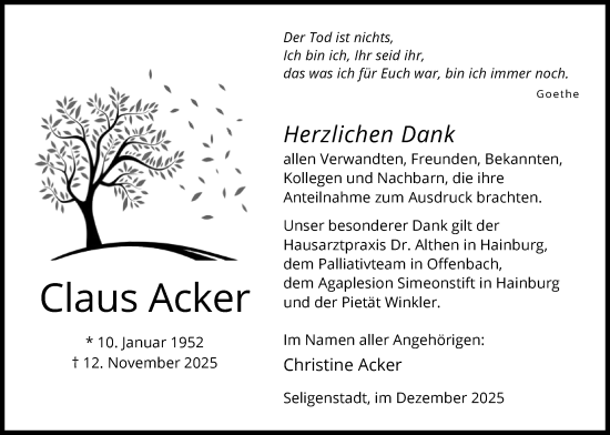 Traueranzeige von Claus Acker von OFOP