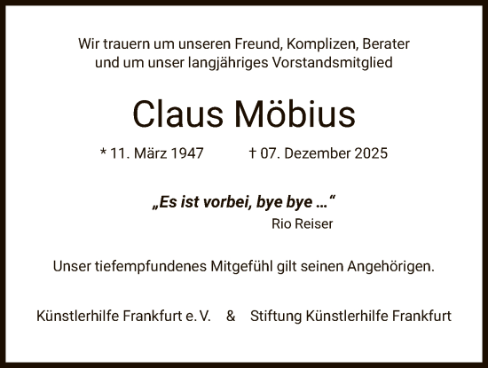 Traueranzeige von Claus Möbius von FNP