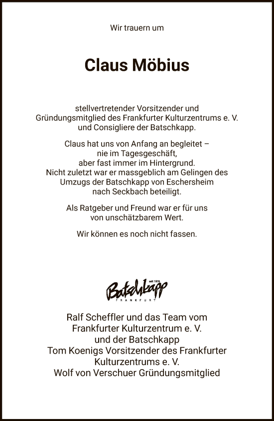 Traueranzeige von Claus Möbius von FNP