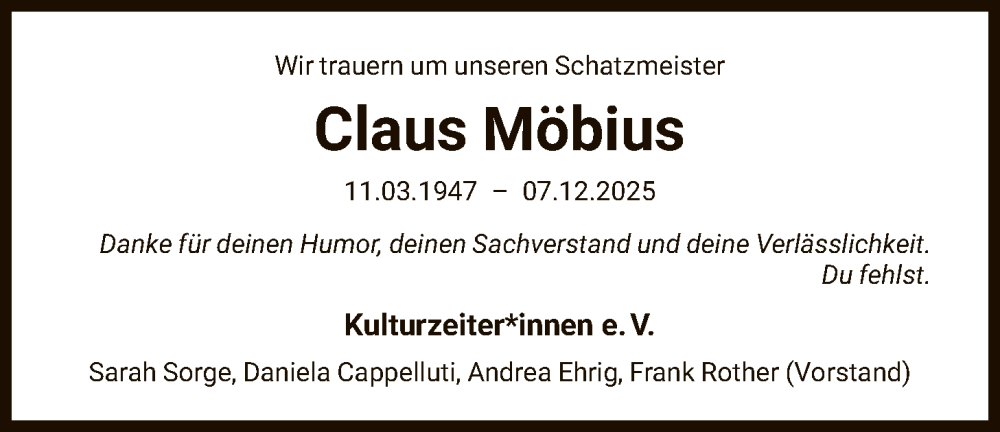  Traueranzeige für Claus Möbius vom 17.12.2025 aus FNP