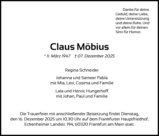 Traueranzeige von Claus Möbius von FNP
