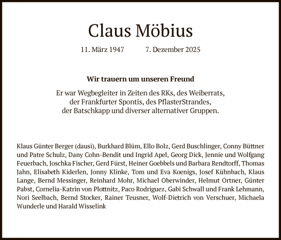 Traueranzeige von Claus Möbius von FNP
