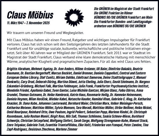 Traueranzeige von Claus Möbius von FNP