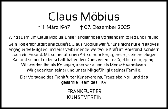 Traueranzeige von Claus Möbius von FNP