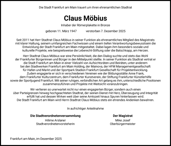 Traueranzeige von Claus Möbius von FNP