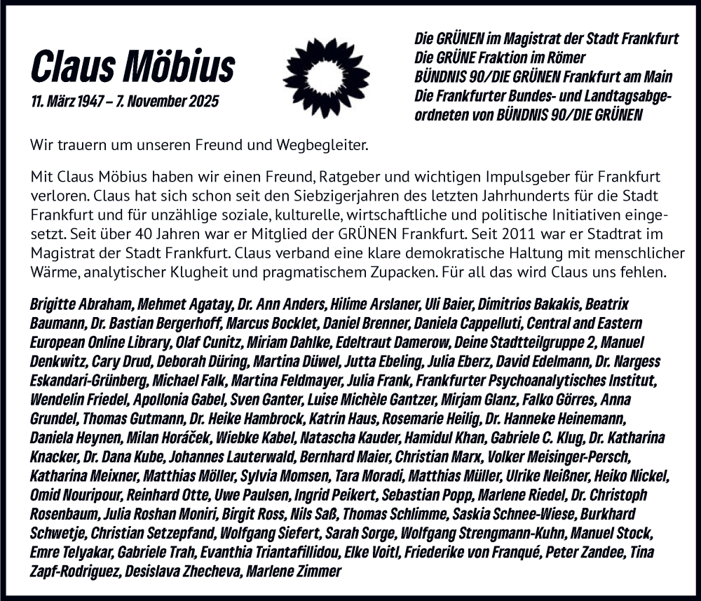  Traueranzeige für Claus Möbius vom 20.12.2025 aus FNP