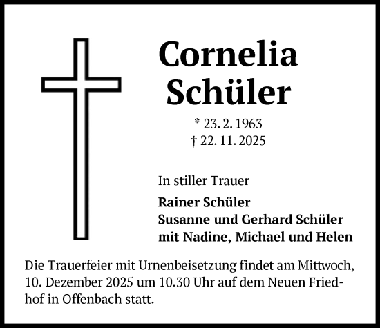 Traueranzeige von Cornelia Schüler von OFOP
