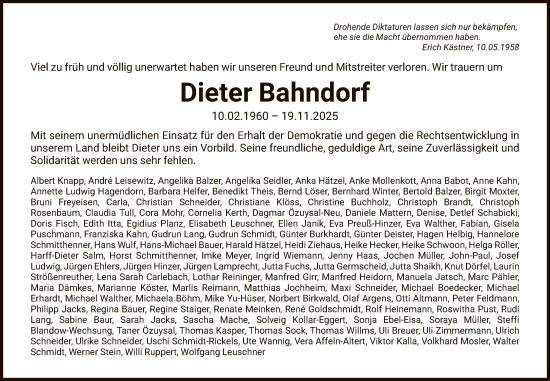 Traueranzeige von Dieter Bahndorf von FNP