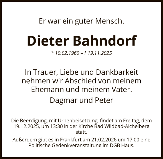 Traueranzeige von Dieter Bahndorf von FNP