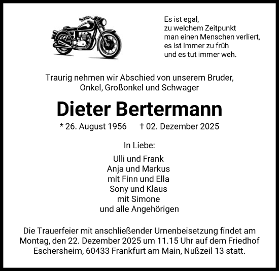 Traueranzeige von Dieter Bertermann von FNP